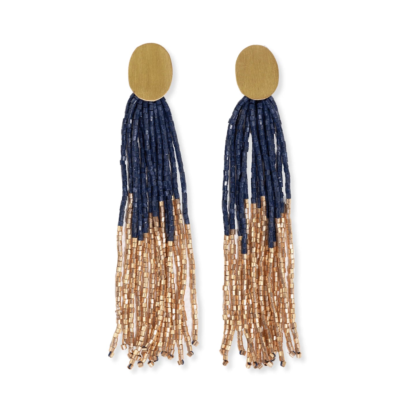 Mae Oval Brass Post 2-Color Beaded Tassel Earrings