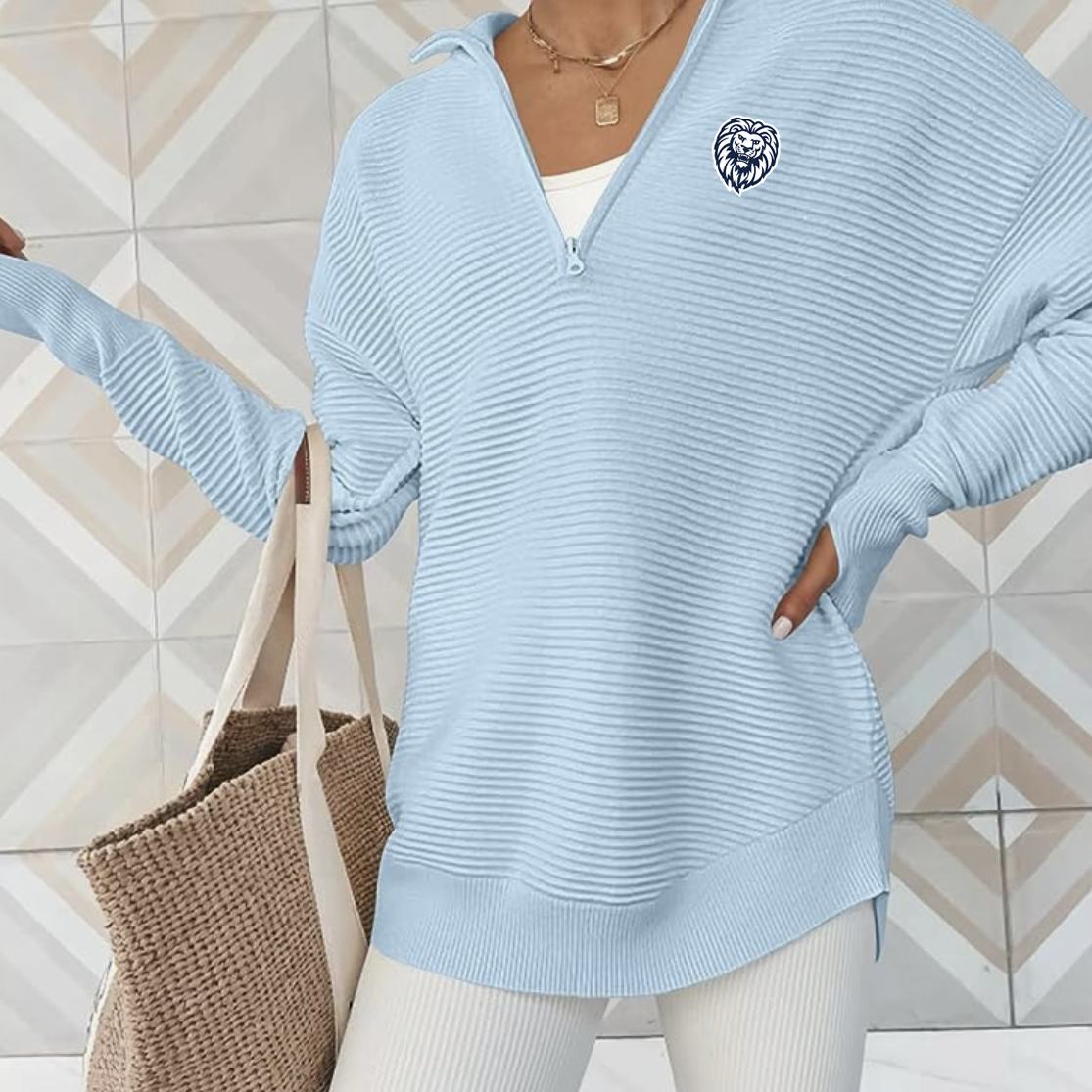Embroidered Quarter Zip V-Neck Collar Sweater