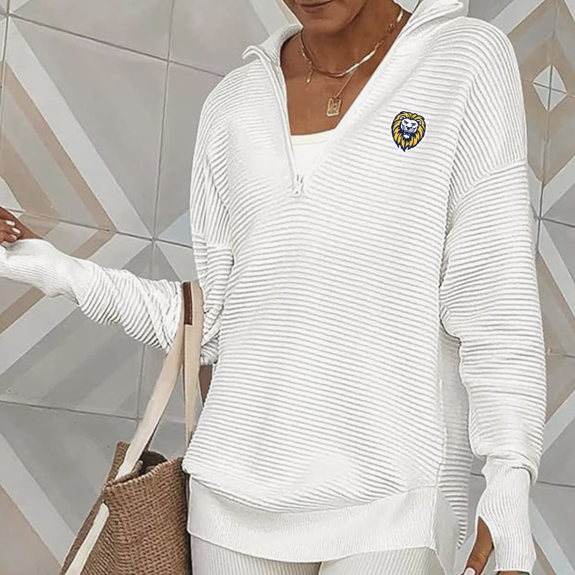 Embroidered Quarter Zip V-Neck Collar Sweater